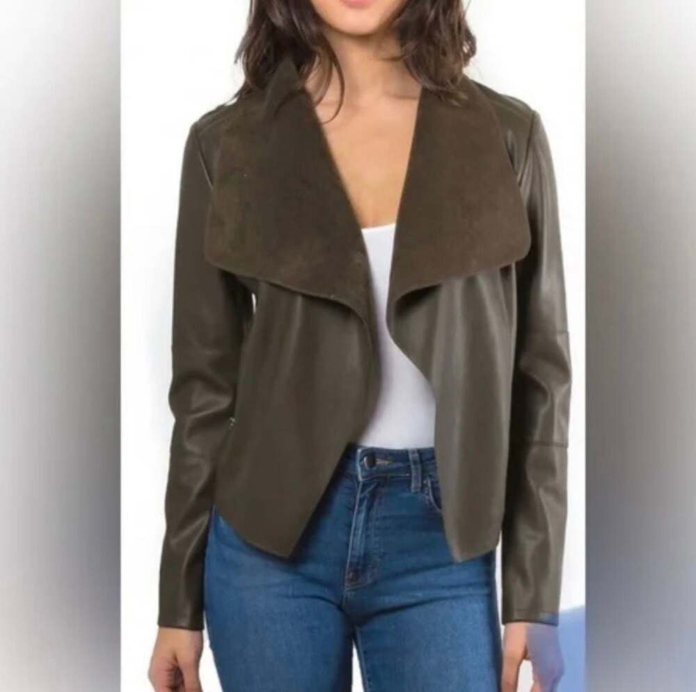 Bagatelle Collection Olive Green Faux Leather Open Front Drape Jacket NWT size L